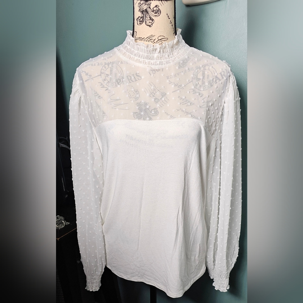 W5 Concepts NWOT Women's Ivory Swiss Dot Chiffon Mock Neck Blouse Size L